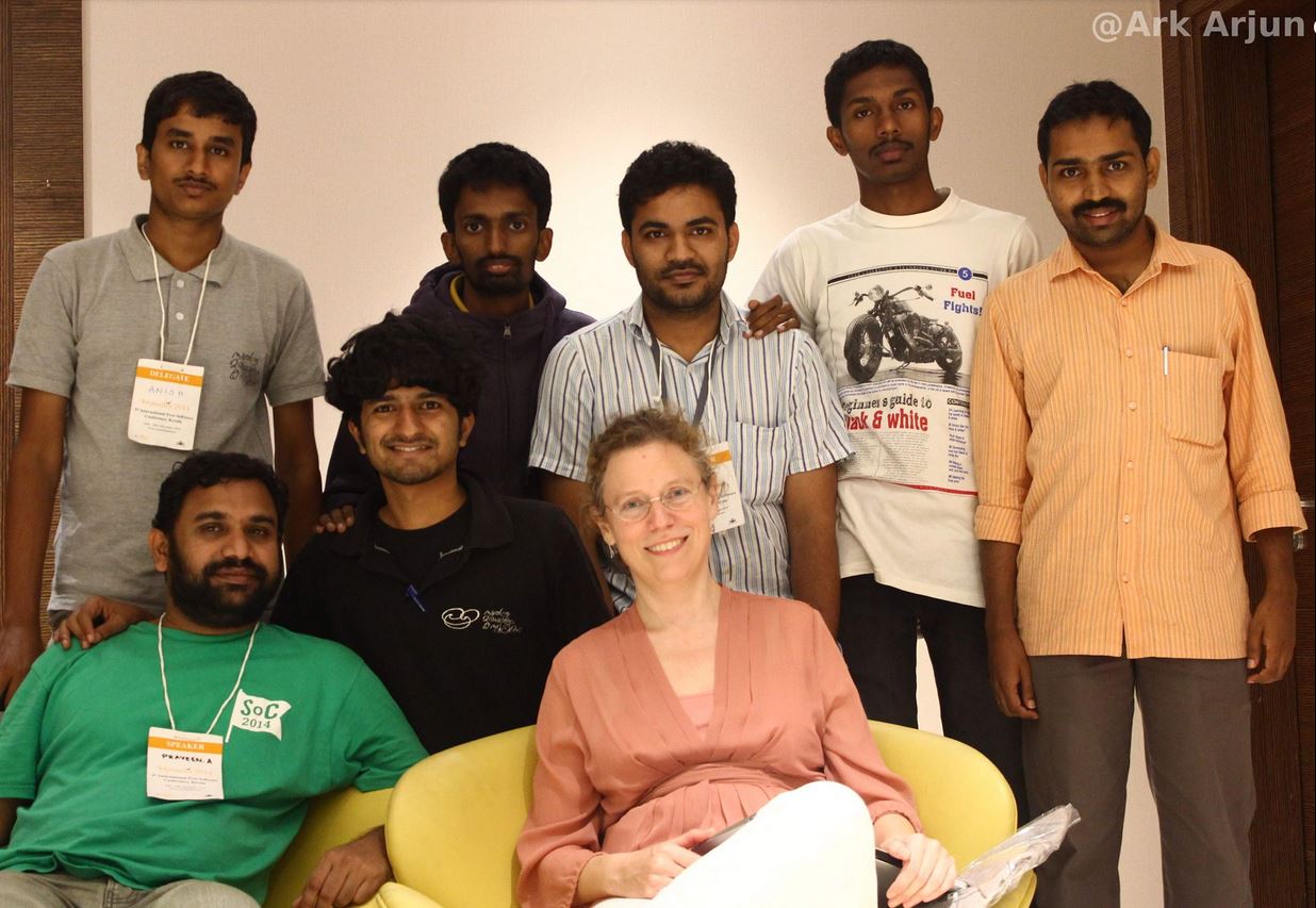 Jaisen at Swatantra 2014 with [Nina Paley](https://en.wikipedia.org/wiki/Nina_Paley) and members of [Swathanthra Malayalam Computing](https://smc.org.in/). (Photo: ark Arjun) 